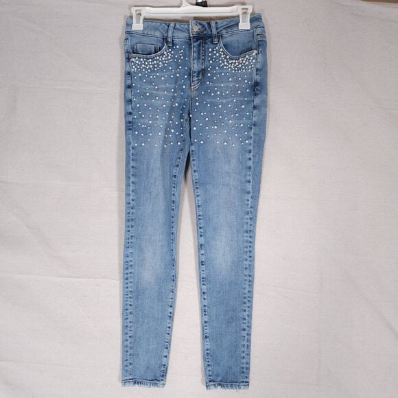 Pilcro Script Womens Faux Pearl Embellished Skinny Jeans Sz 25 Light Wash Glam - Picture 1 of 16